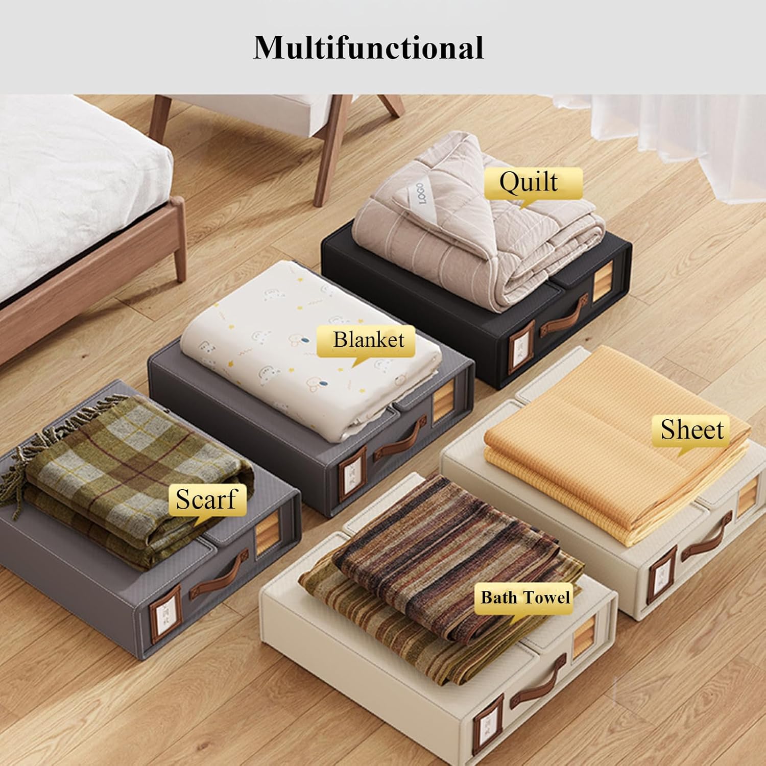 CARLA HOME Bed Sheet Organizer Set of 8 with Handle & Window for Covers, Pillowcases, Blankets, Clothes & Sheets (Grey)