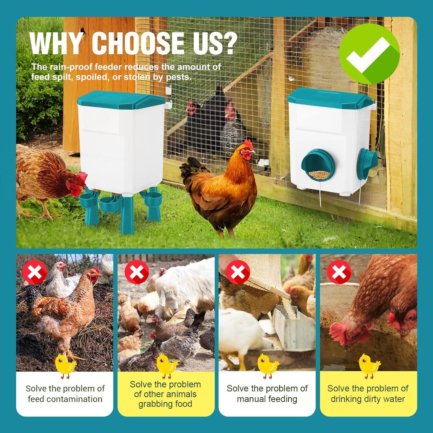 CARLA HOME Automatic Chicken Feeder Waterer Set with 8KG Food 7L Water Capacity for Coop, Chickens, Ducks, Quails (Blue)