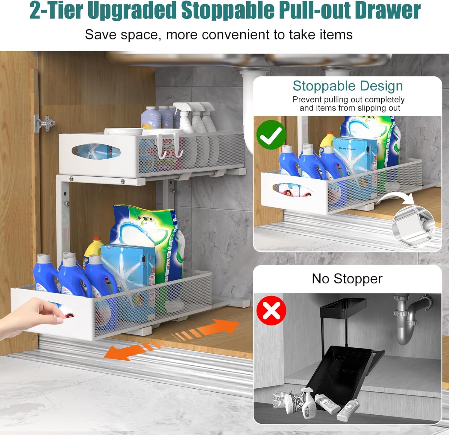 CARLA HOME 2 Pack Under Sink Organizer Pull Out Sliding Cabinet Storage Shelf with Height Adjustable for Kitchen, Bathroom or Laundry Room (White)
