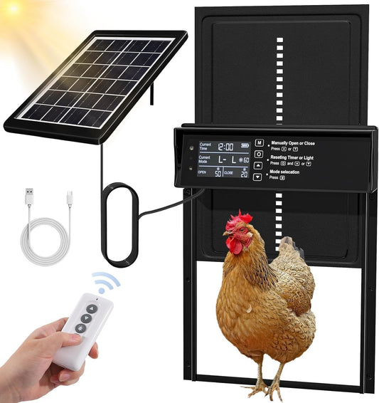 CARLA HOME Automatic Chicken Coop Door Solar Powered with 4 Mode Timer & Light Sensor, Anti-Pinch & USB Charging Port
