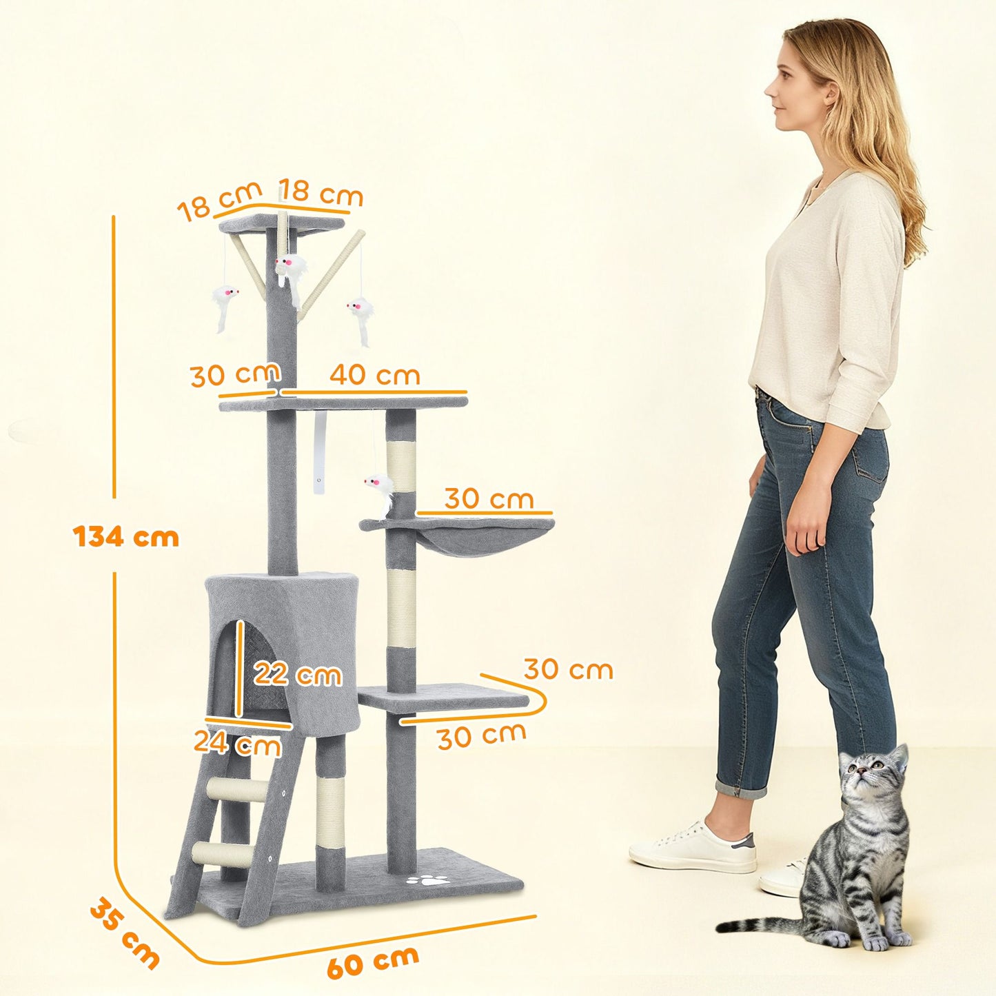 CARLA HOME 134cm Cat Tree for Indoor Cats with Hammock, Plush Perch & Sisal Scratching Posts for Kittens & Adult Cats (Light Grey)