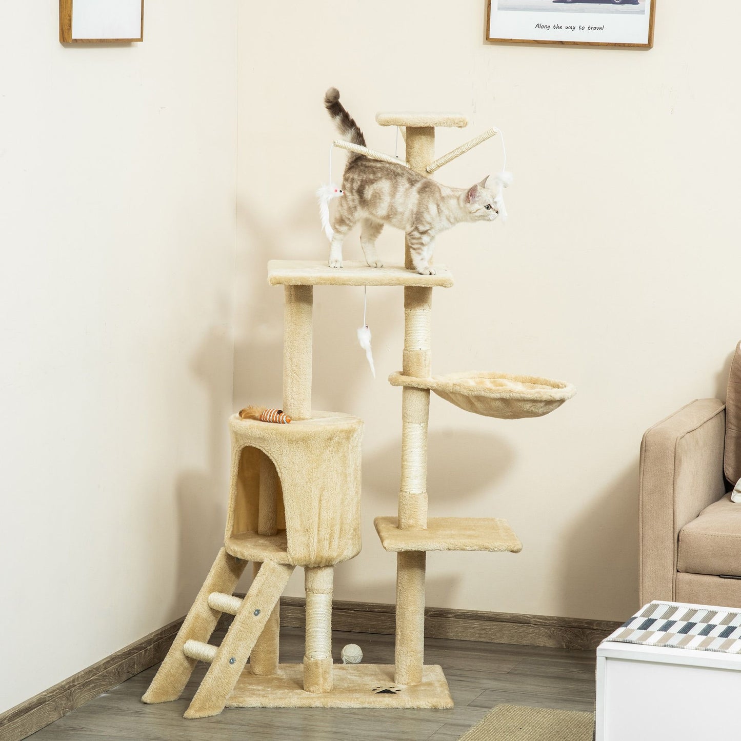 CARLA HOME 134cm Cat Tree for Indoor Cats with Hammock, Plush Perch & Sisal Scratching Posts for Kittens & Adult Cats (Beige)