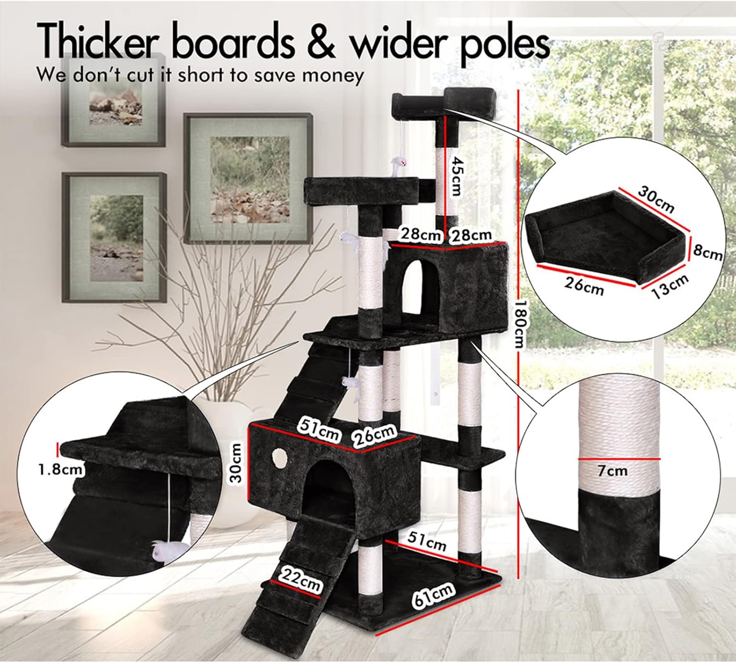 CARLA HOME 180cm Cat Tree Tower for Indoor Cats with Dual Condos, Plush Perches, Sisal Scratching Posts & Ramps for Kittens & Adult Cats (Beige)