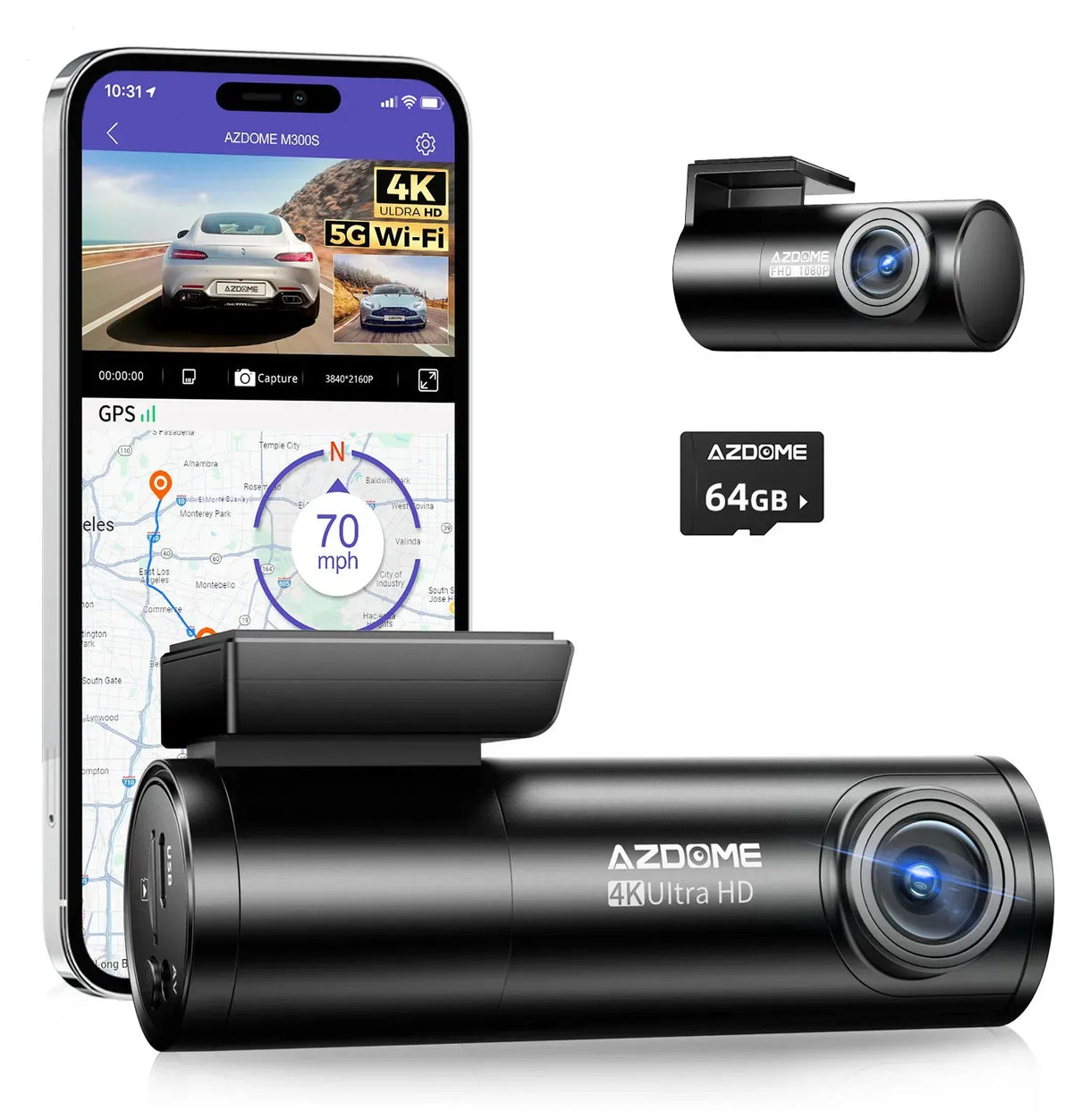 4K Black Dash Cam with 5.8GHz WiFi, GPS, Front & Rear Recording, 24-Hour Parking Mode, 64GB Card