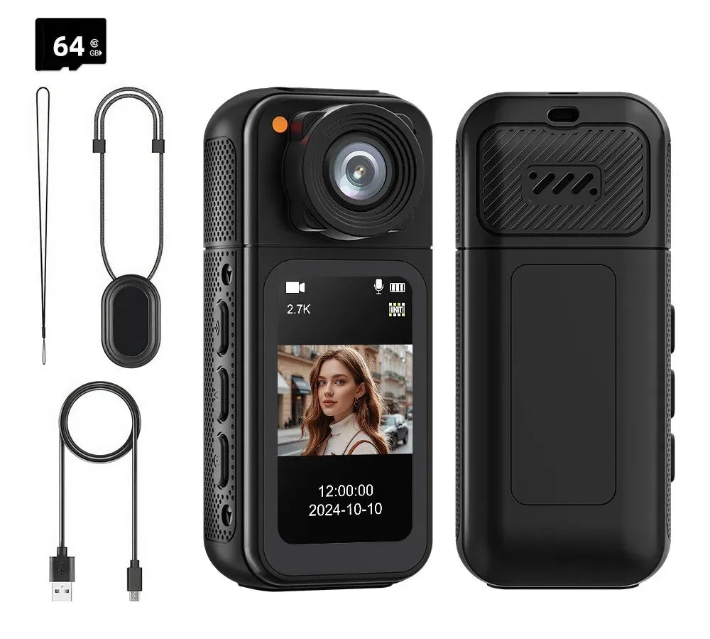 2.7K HD Mini Action Camera with 180Â° Rotating Lens, Portable Design, 64GB TF Card Included