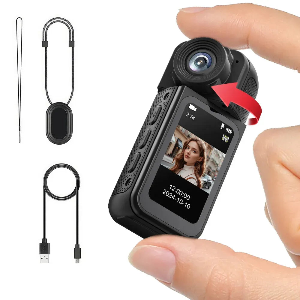 2.7K HD Mini Action Camera with 180Â° Rotating Lens, Portable Design, 64GB TF Card Included
