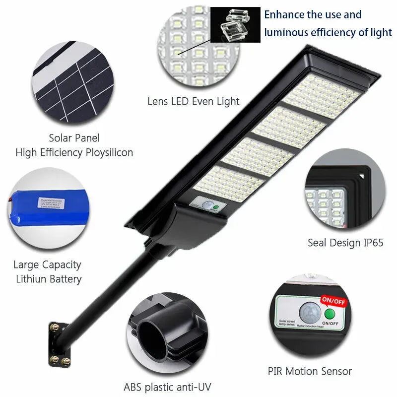 Solar Street LED Light with Radar Sensor, Black, 480W, Remote Control, Outdoor Flood Wall Lamp