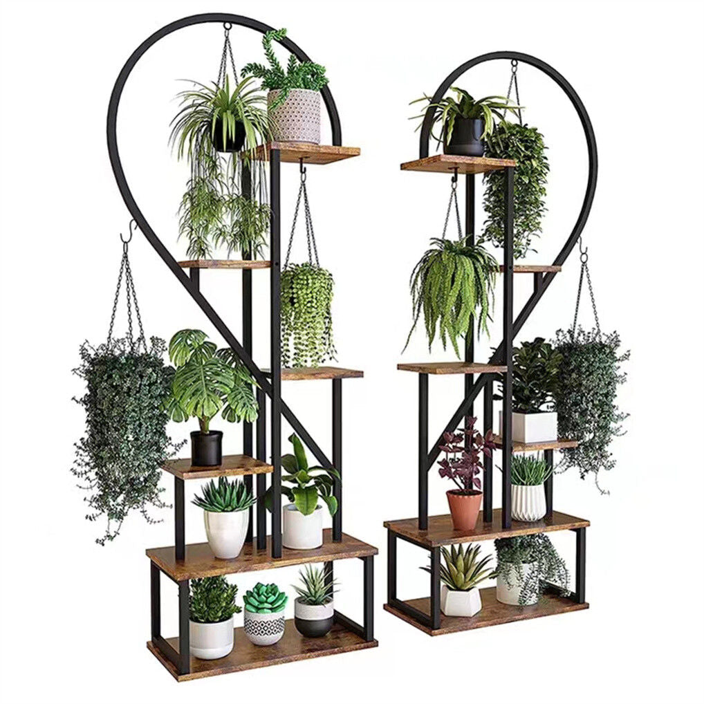 6 Tier Corner Plant Stand Metal & MDF Ladder Shelf Rack