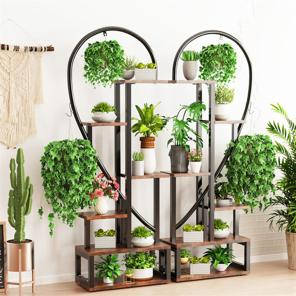 9 Tier Corner Plant Stand Metal & MDF Ladder Shelf Rack