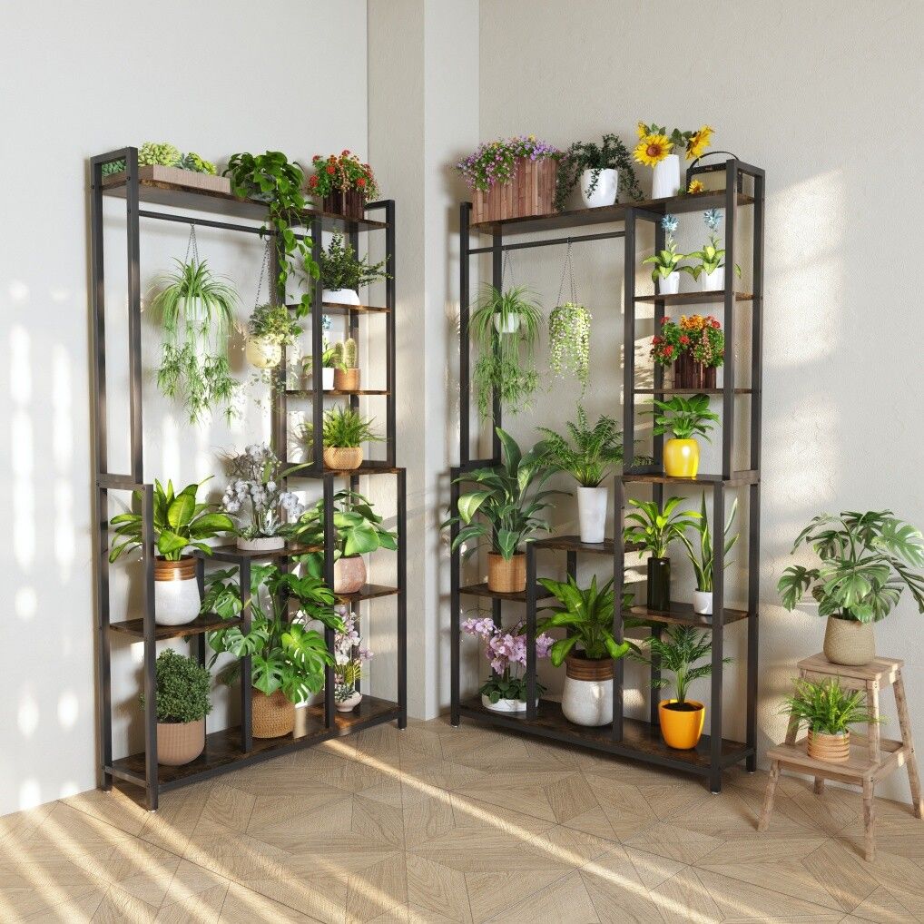 Plant Stand Shelf Rack with Hanging Rod Indoor Outdoor Display