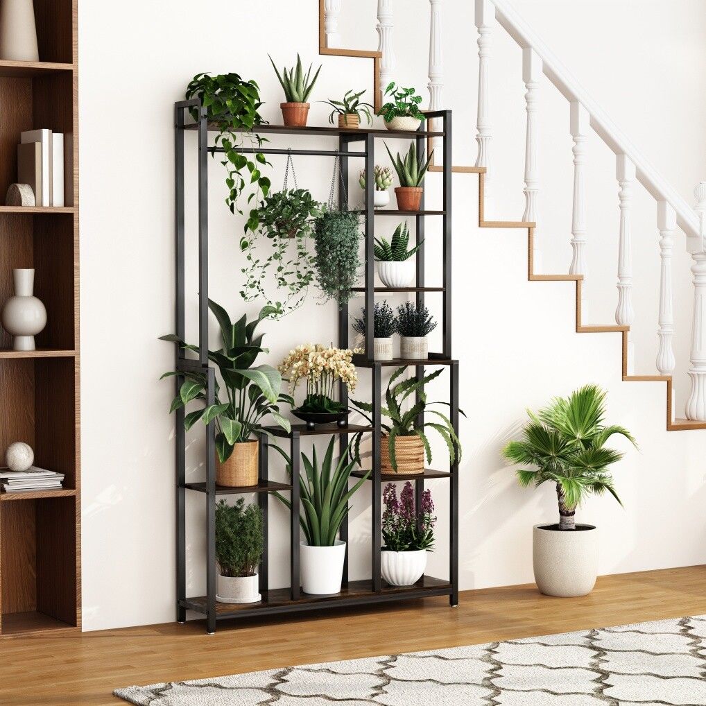 Plant Stand Shelf Rack with Hanging Rod Indoor Outdoor Display