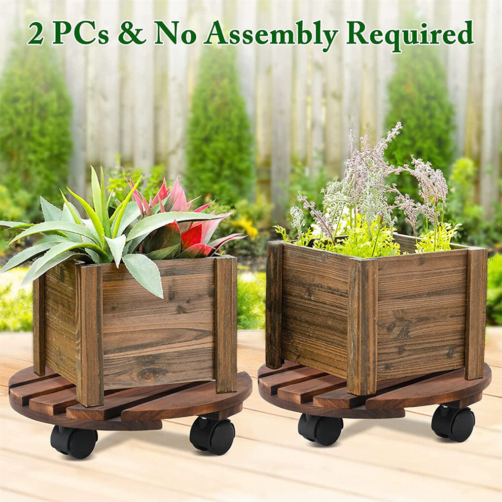 Wooden Plant Caddy Stand 2-Pack 360ï¿½ Rotating Casters