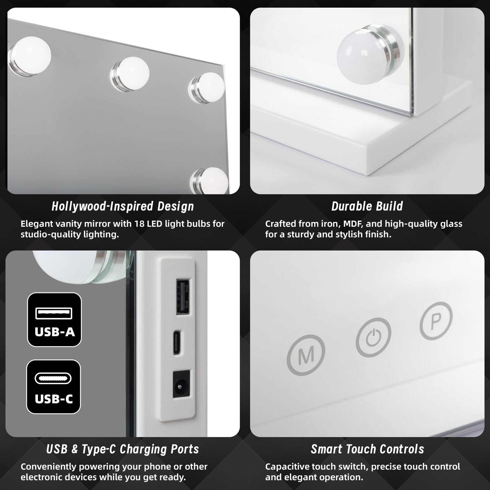 beauty-mirror-with-18-led-bulbs-colour-settings-white-frame-and-usb-a-and-c-ports