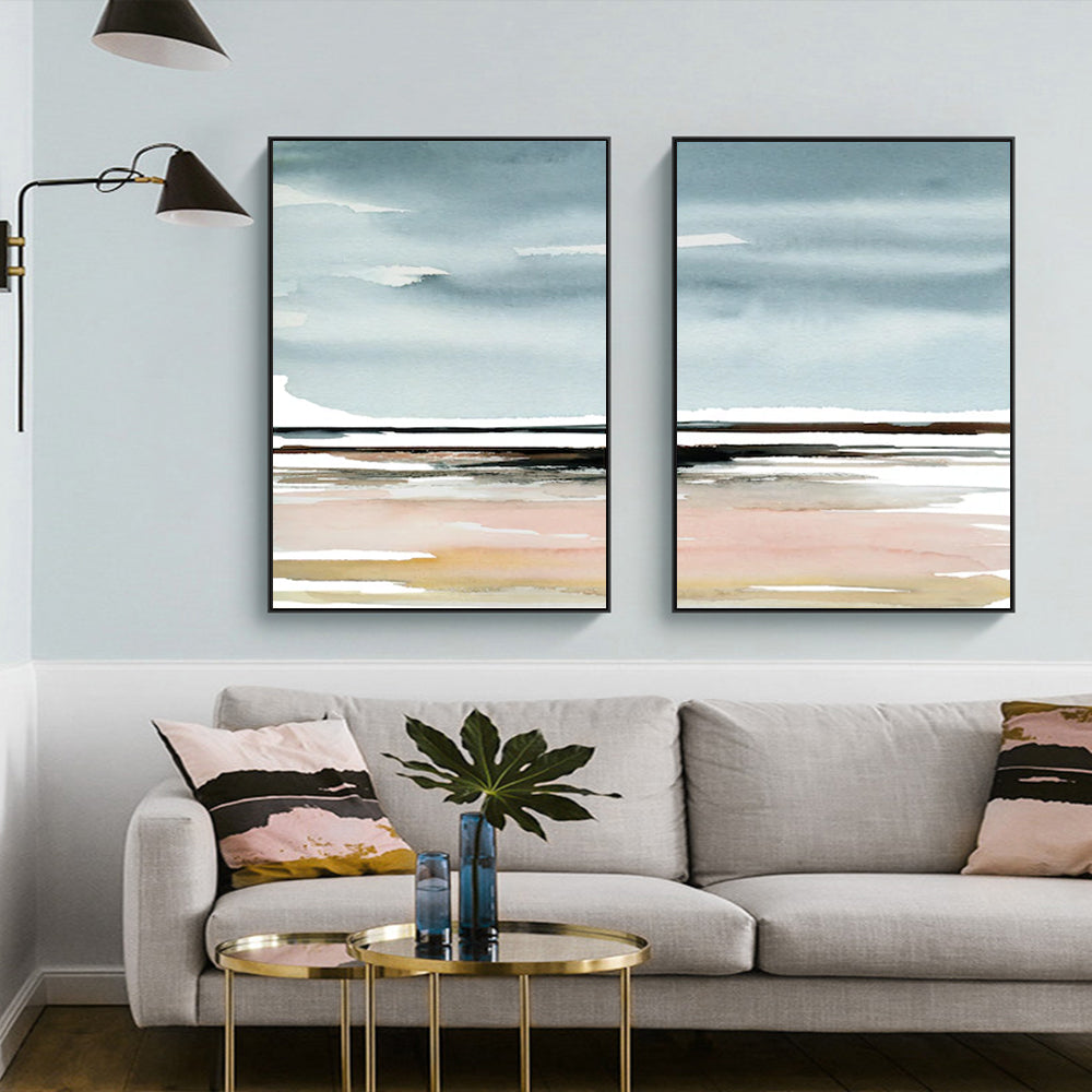 40cmx60cm-pink-beach-landscape-2-sets-black-frame-canvas-wall-art