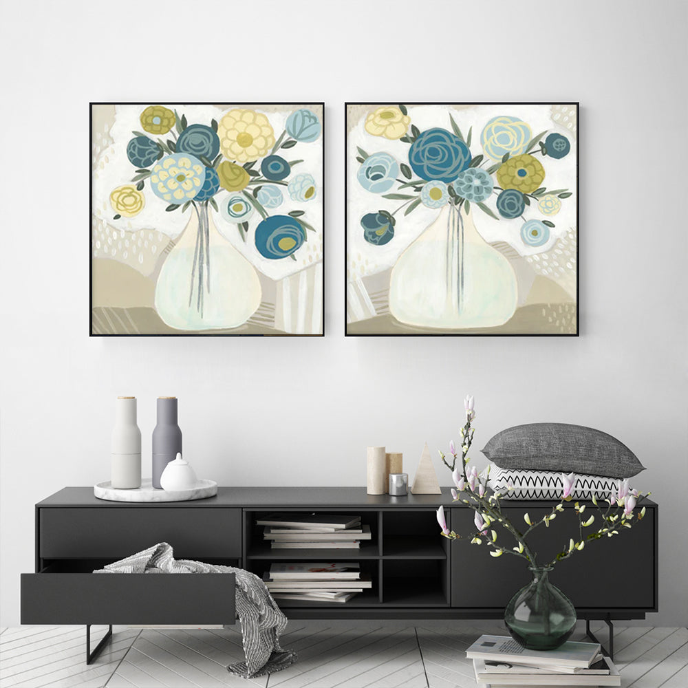 40cmx40cm-blue-bouquet-2-sets-black-frame-canvas-wall-art