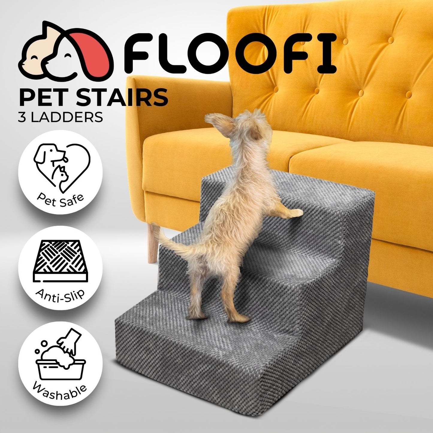 FLOOFI 3-Step Detachable Memory Foam Pet Stairs with Washable Cover