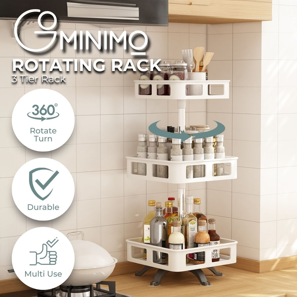 GOMINIMO 3 Tier Rotating Spice Rack Square Shape (White)