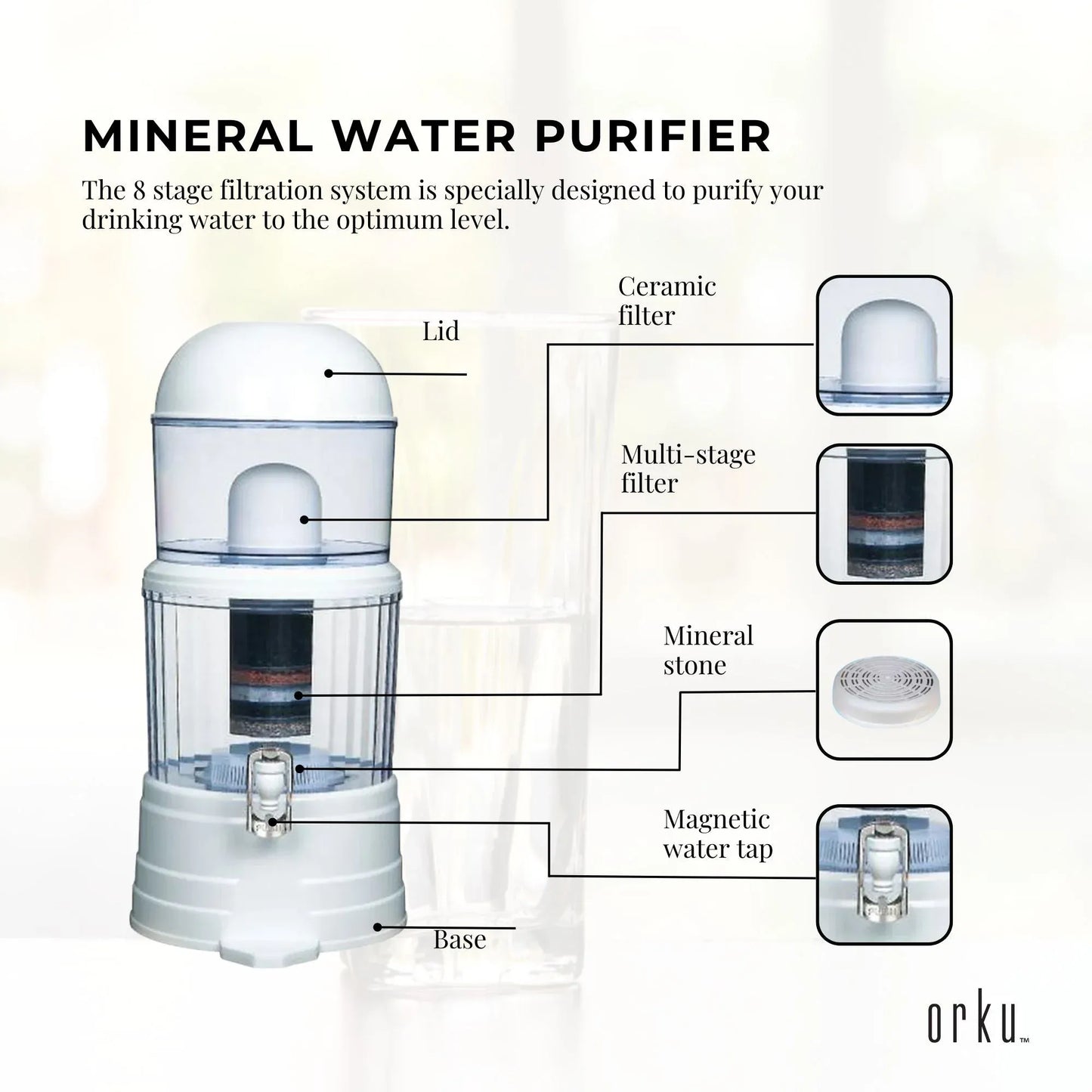 Orku 14L Benchtop Water Filter - 8 Stage Mineral Gravity Filtration System