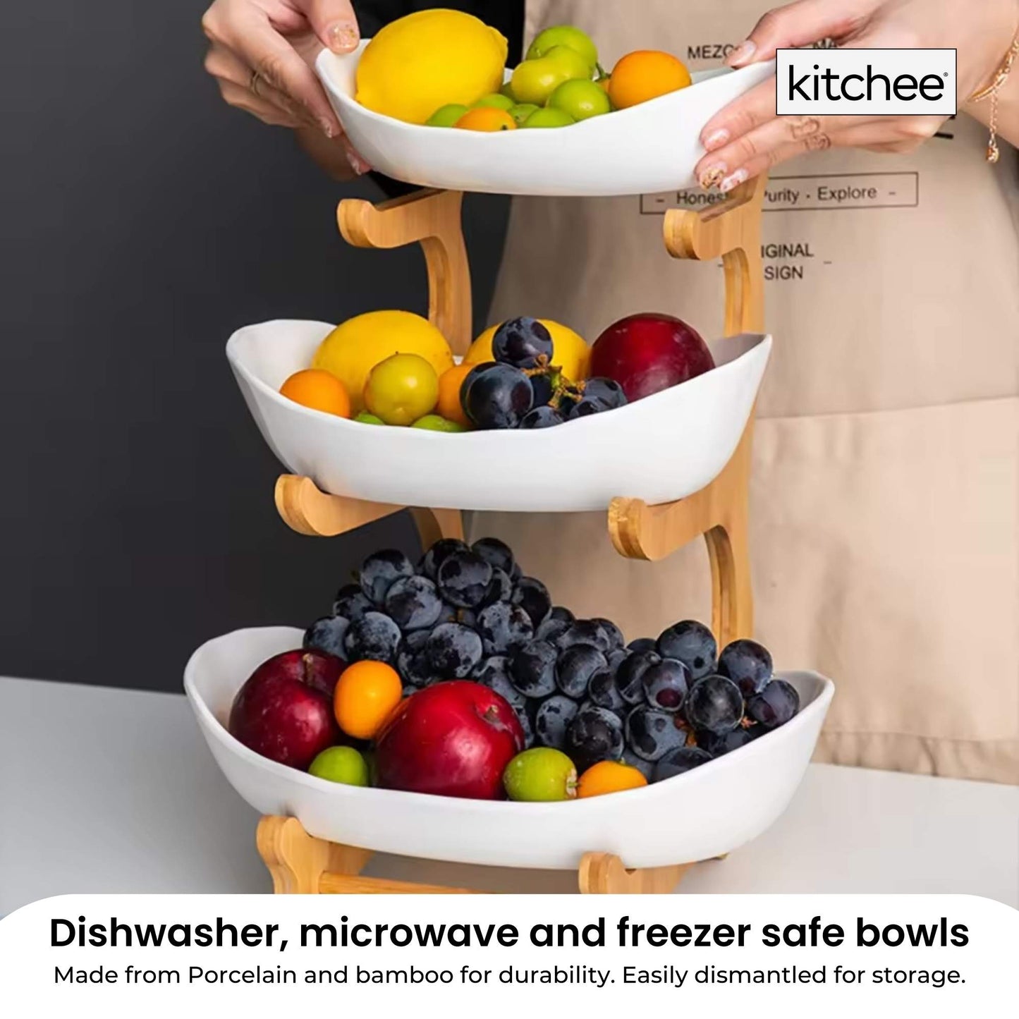 3 Tier Porcelain Fruit Bowl - Ceramic Vegetable Storage with Bamboo Stand