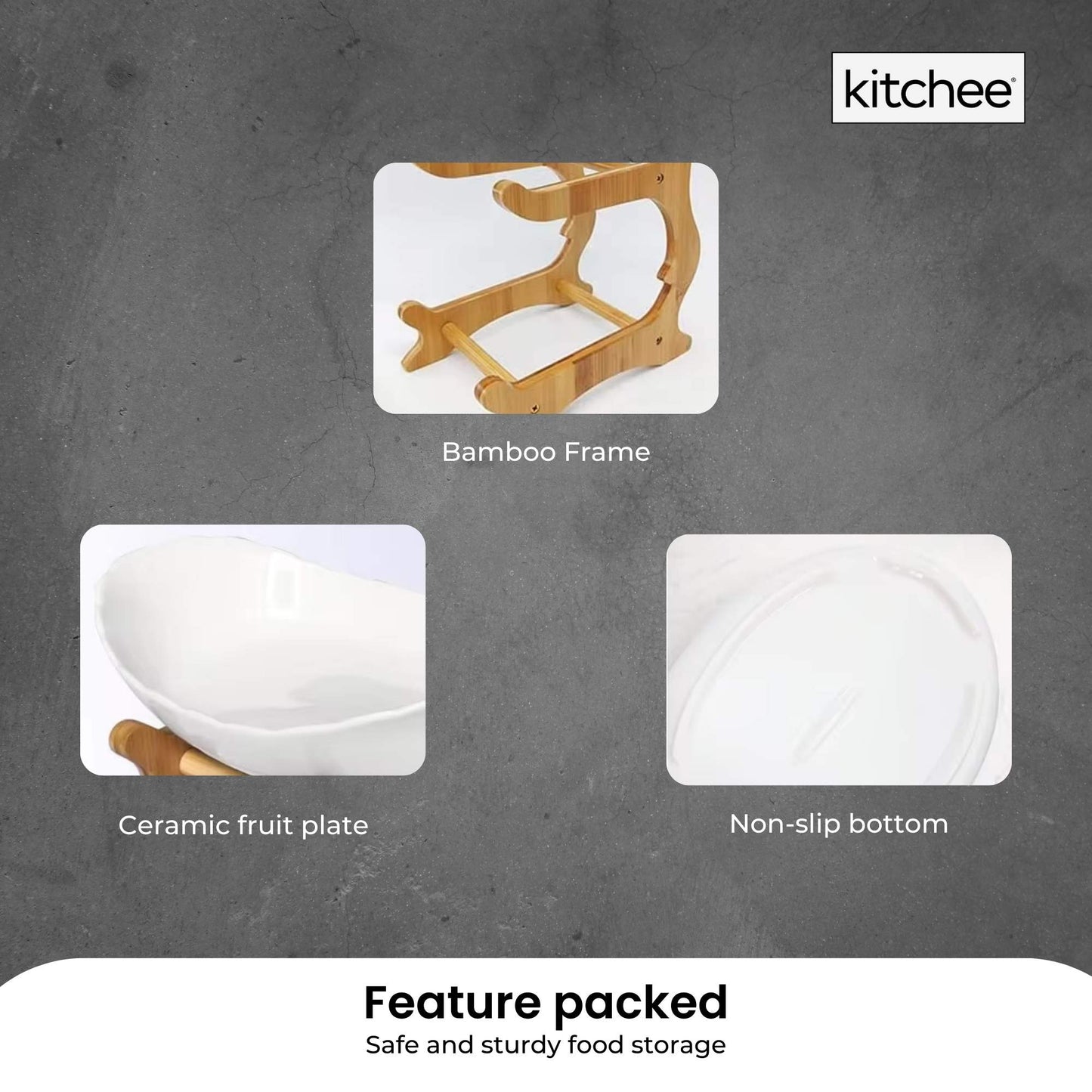 3 Tier Porcelain Fruit Bowl - Ceramic Vegetable Storage with Bamboo Stand