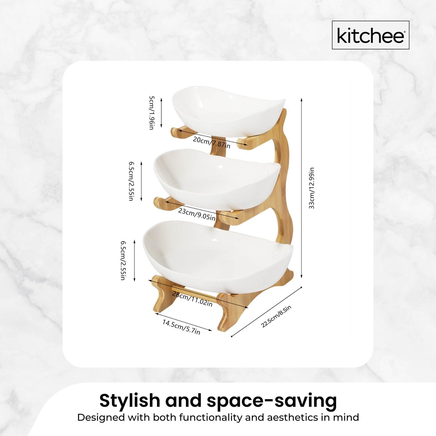 3 Tier Porcelain Fruit Bowl - Ceramic Vegetable Storage with Bamboo Stand