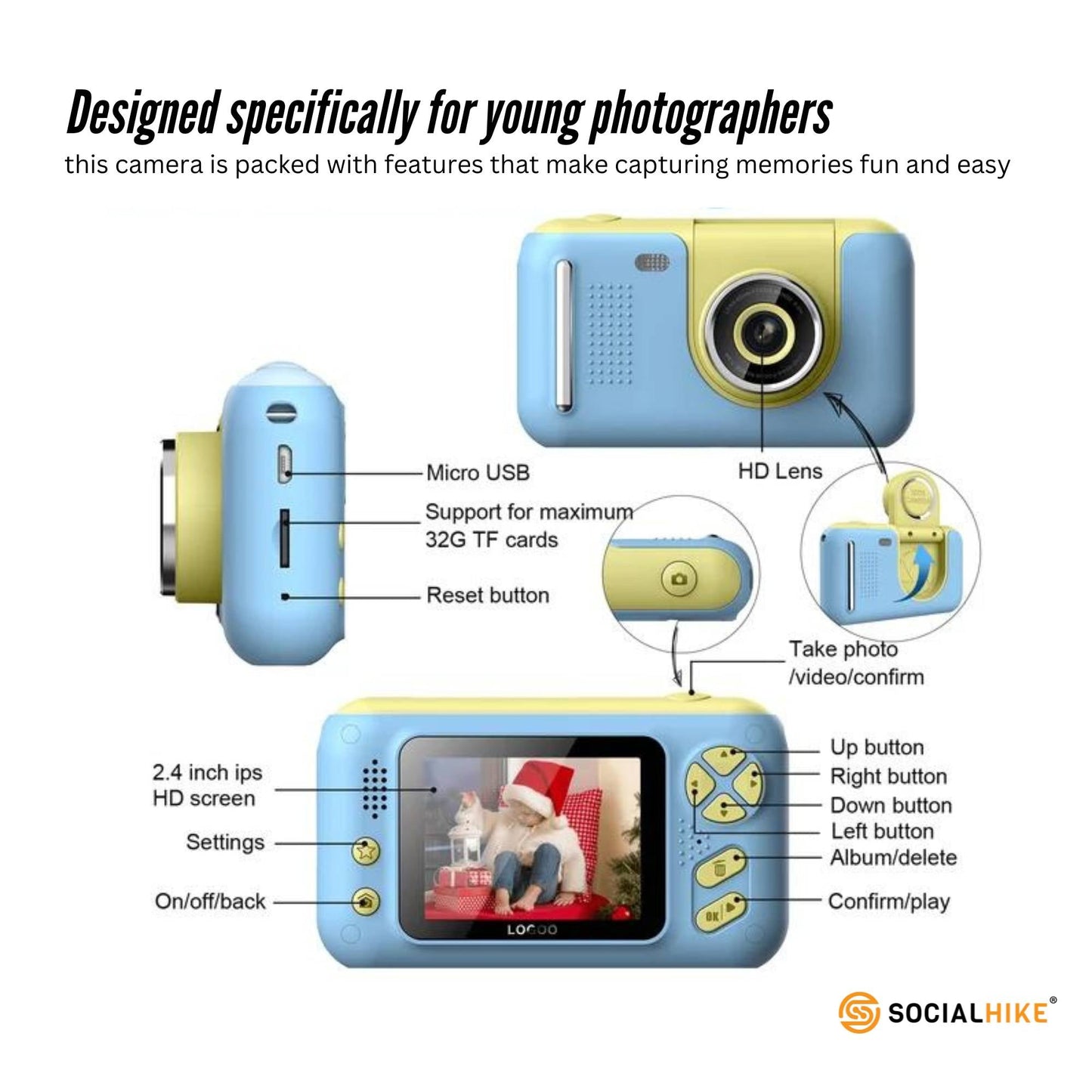 Kids HD Digital Camera Blue - Children's Selfie Photo Video 2.4 Inch Screen