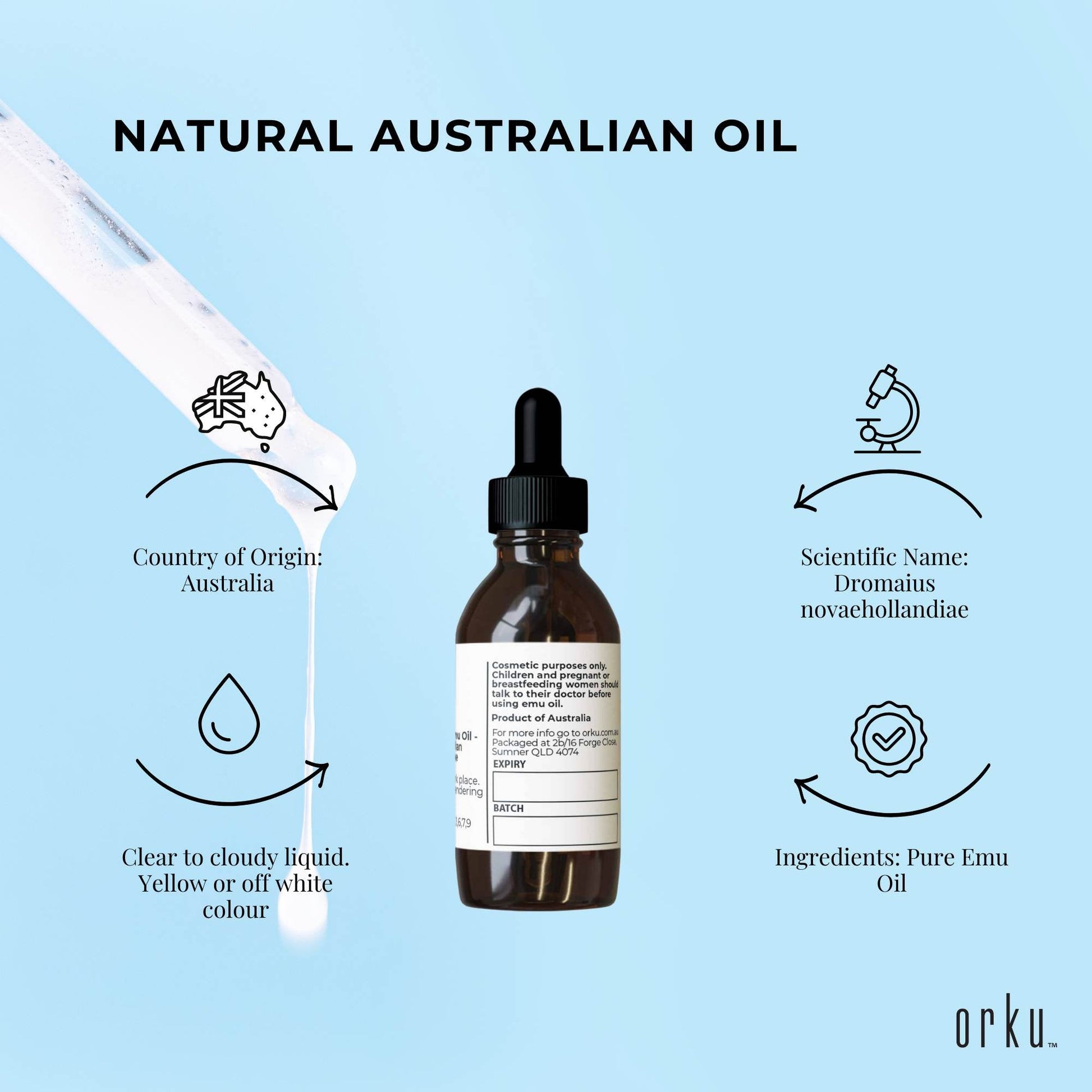 Orku 25ml Pure Emu Oil with Dropper - Undiluted Natural Dromaius Novaehollandiae