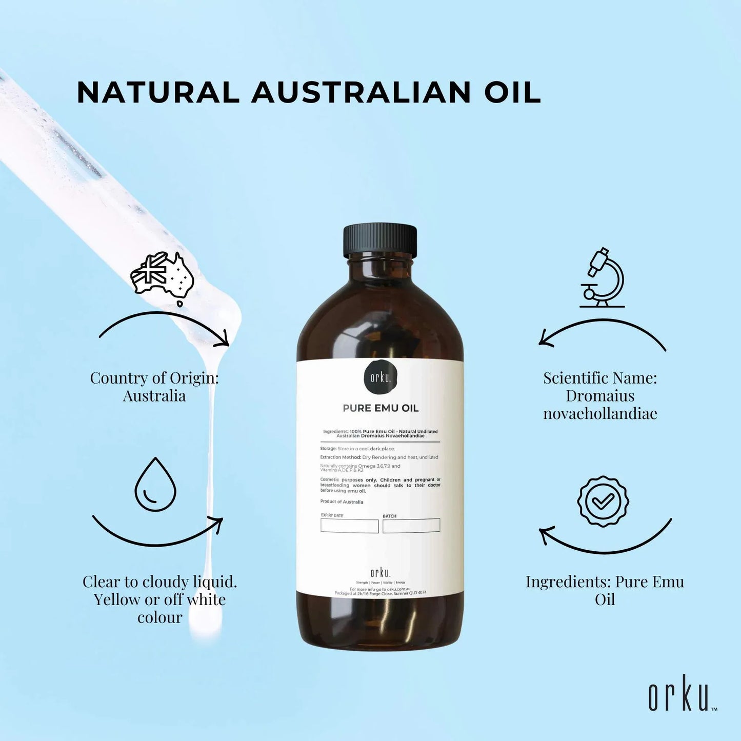 Orku 1L Pure Emu Oil - Natural Undiluted Australian Dromaius Novaehollandiae