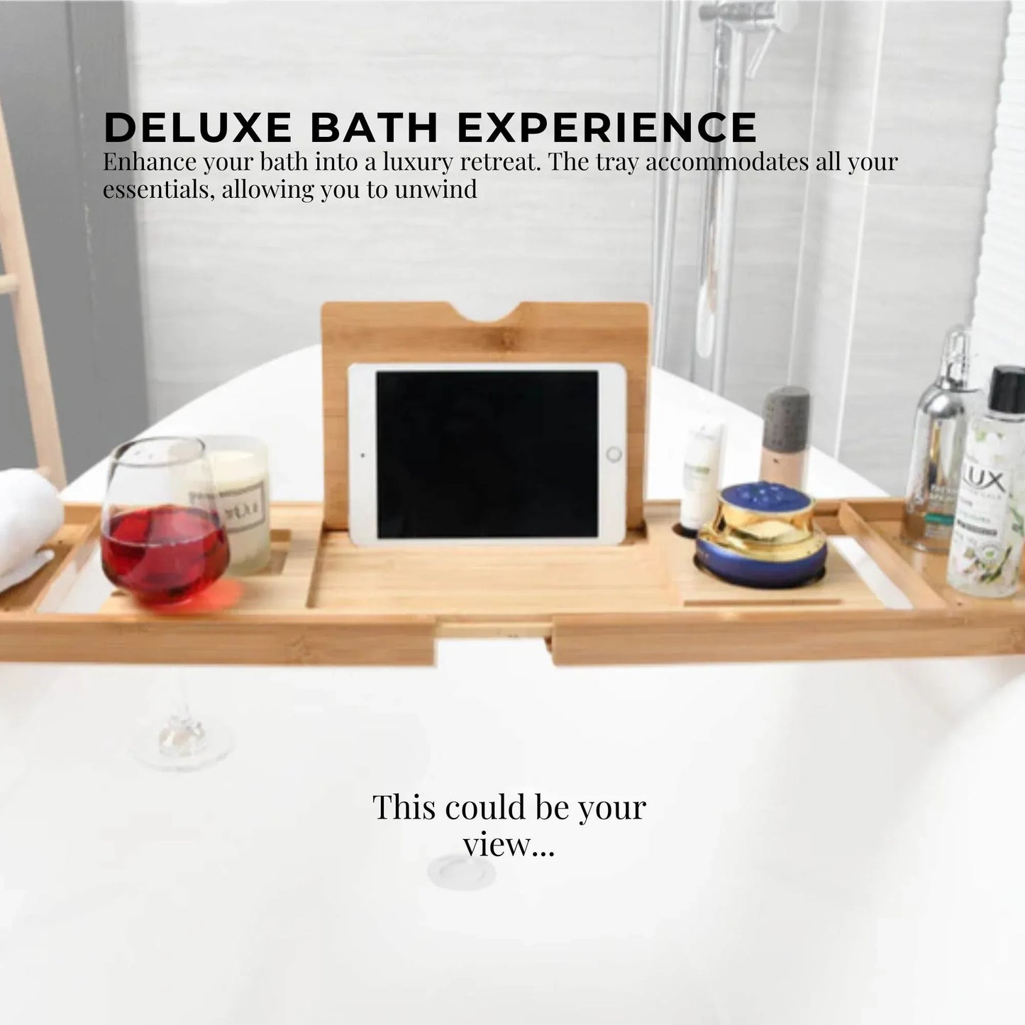 Orku Bamboo Bath Tray Caddy Adjustable - Spa Book Wine + Accessories Holder