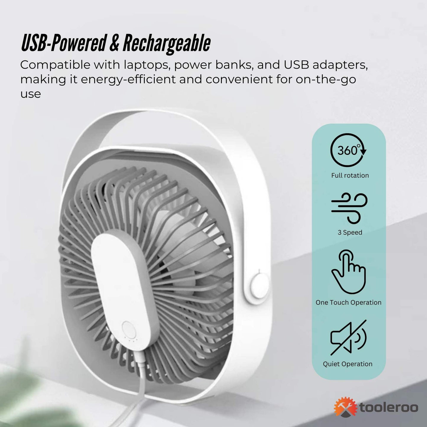 3-Speed USB 20cm Desktop Fan Quiet Portable Lightweight Rechargeable Cooler