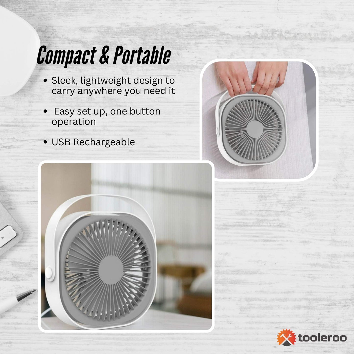 3-Speed USB 20cm Desktop Fan Quiet Portable Lightweight Rechargeable Cooler