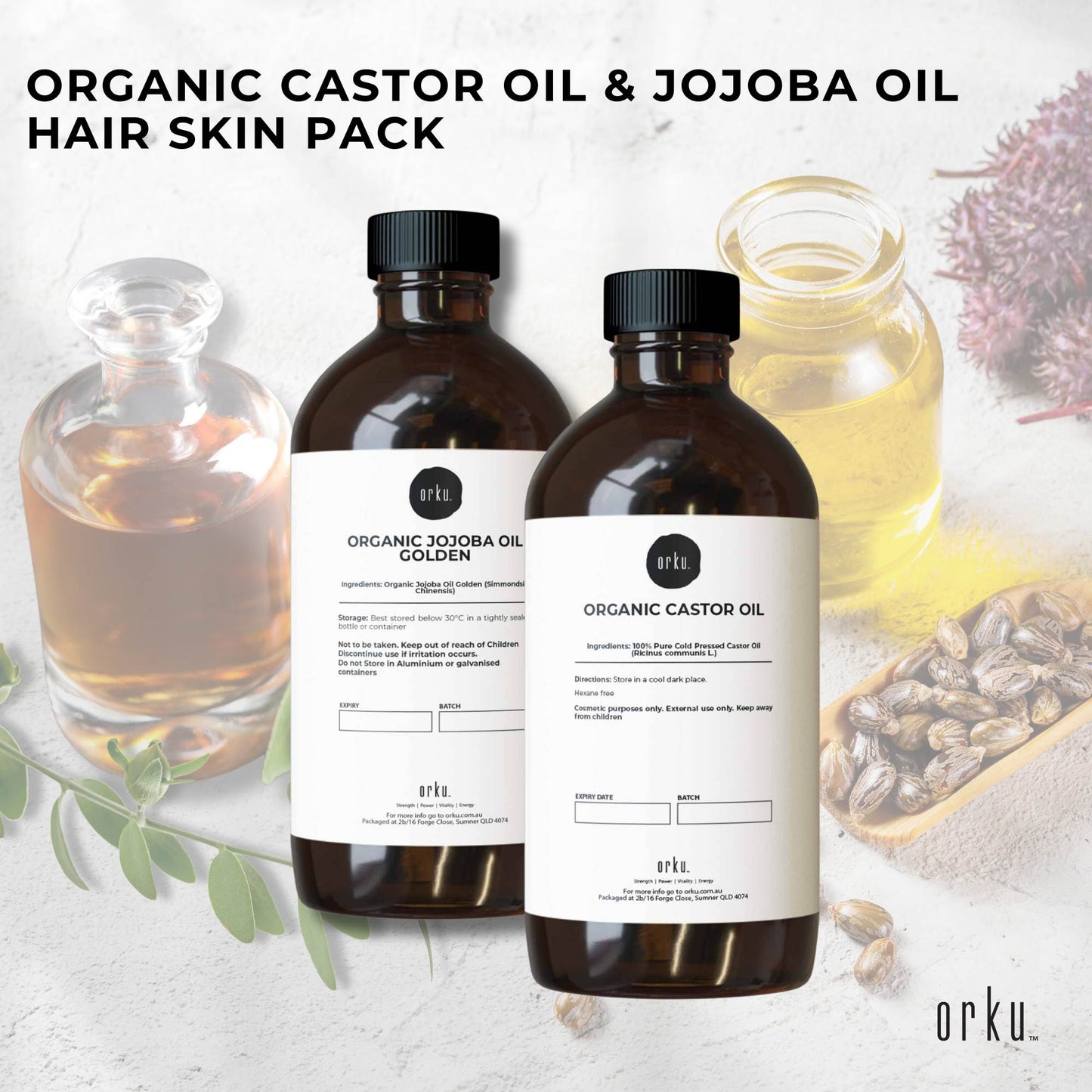 Orku 500ml Organic Castor Oil and 500ml Organic Jojoba Oil Pack