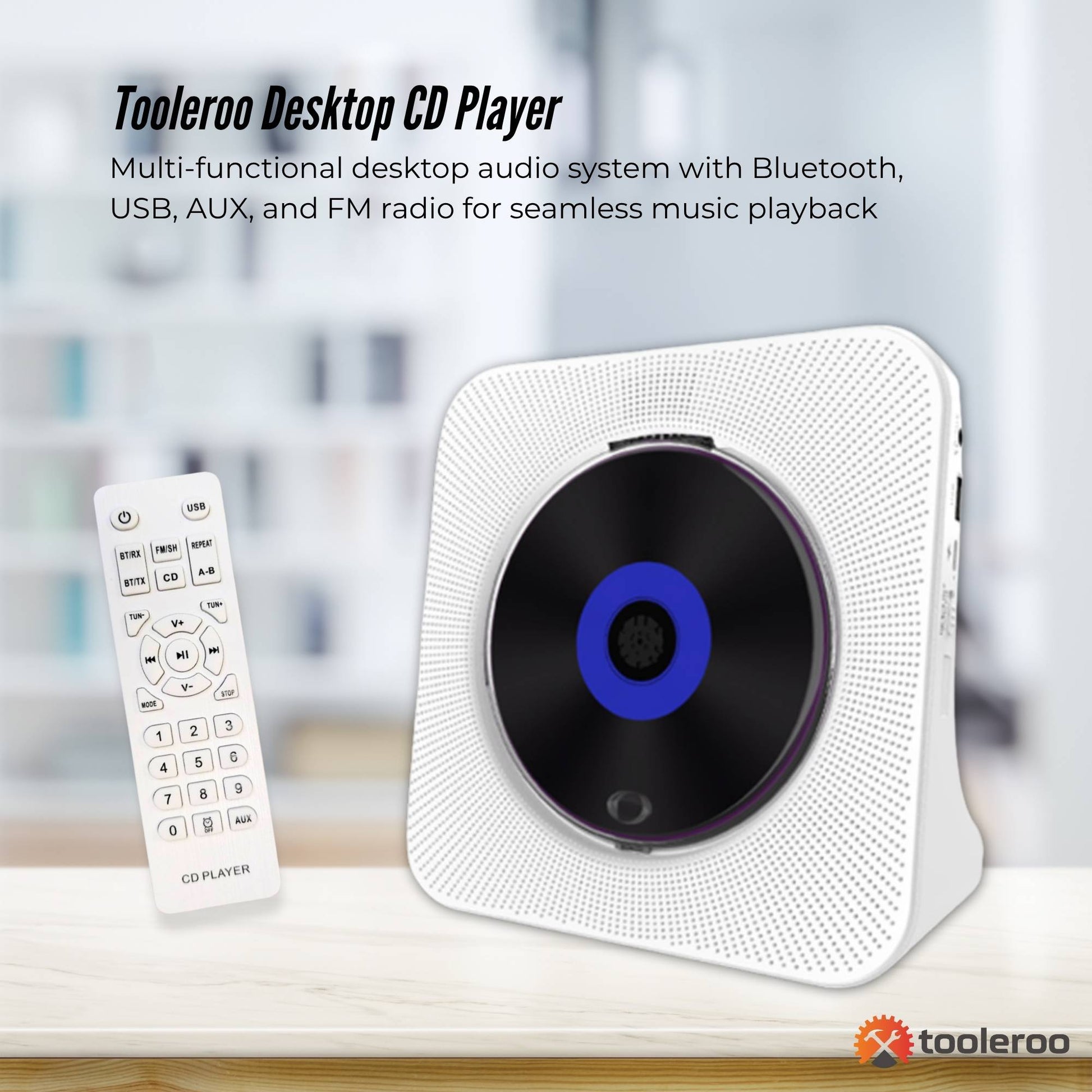 Tooleroo USB Rechargeable Desktop CD Player Speaker Bluetooth Portable White