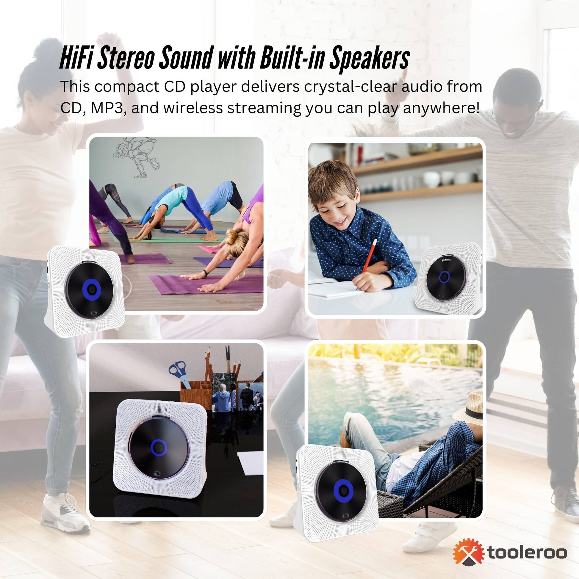 Tooleroo USB Rechargeable Desktop CD Player Speaker Bluetooth Portable White