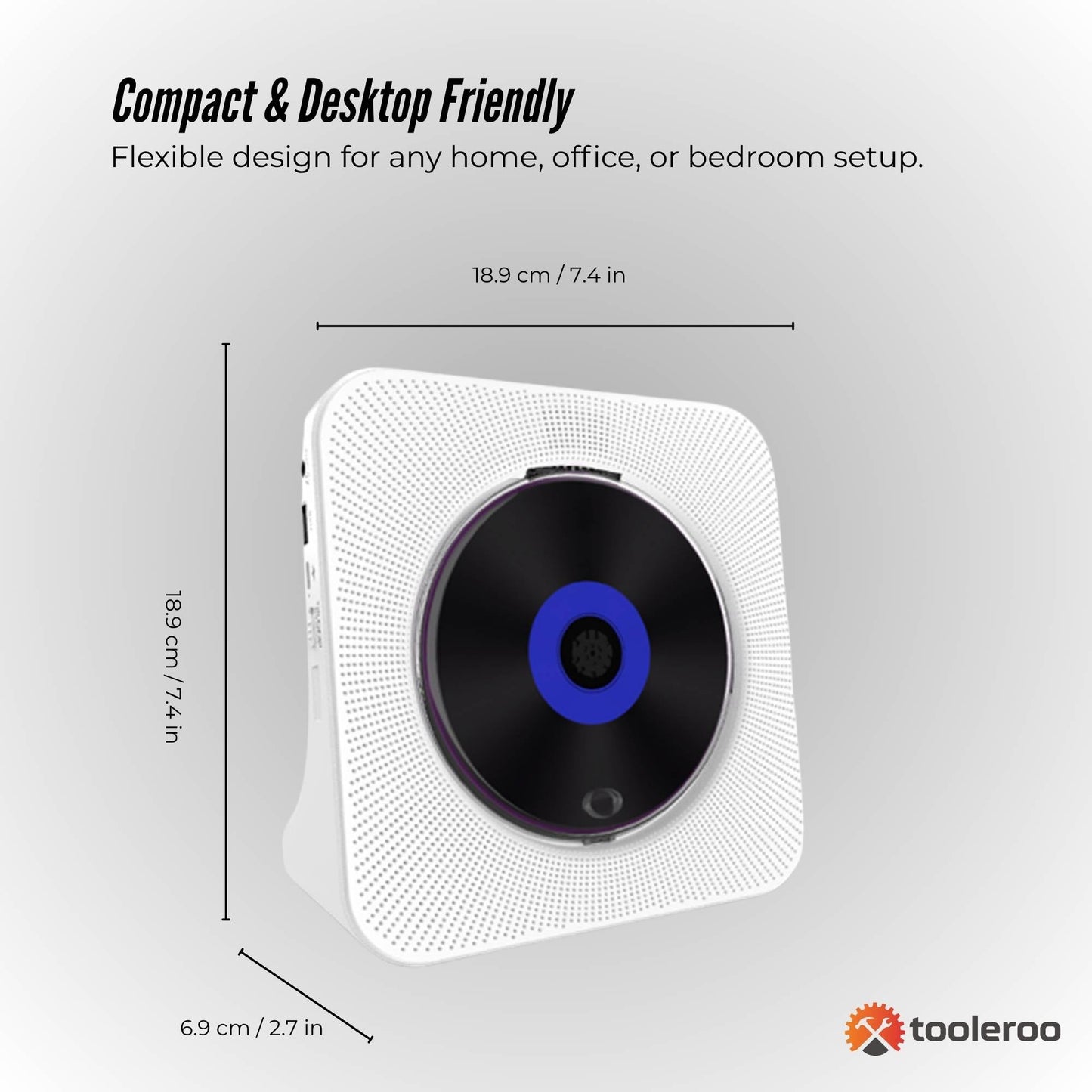 Tooleroo USB Rechargeable Desktop CD Player Speaker Bluetooth Portable White