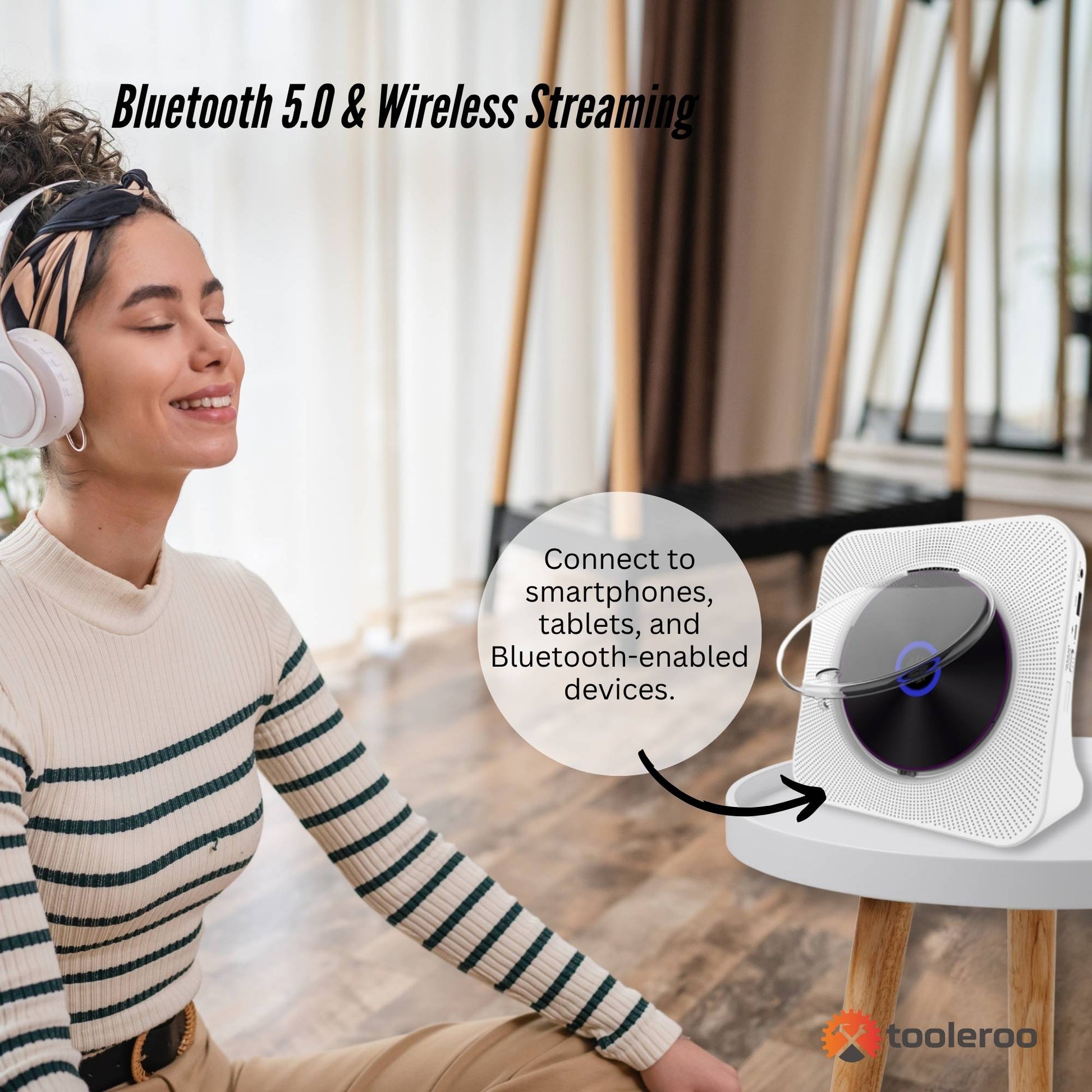 Tooleroo USB Rechargeable Desktop CD Player Speaker Bluetooth Portable White