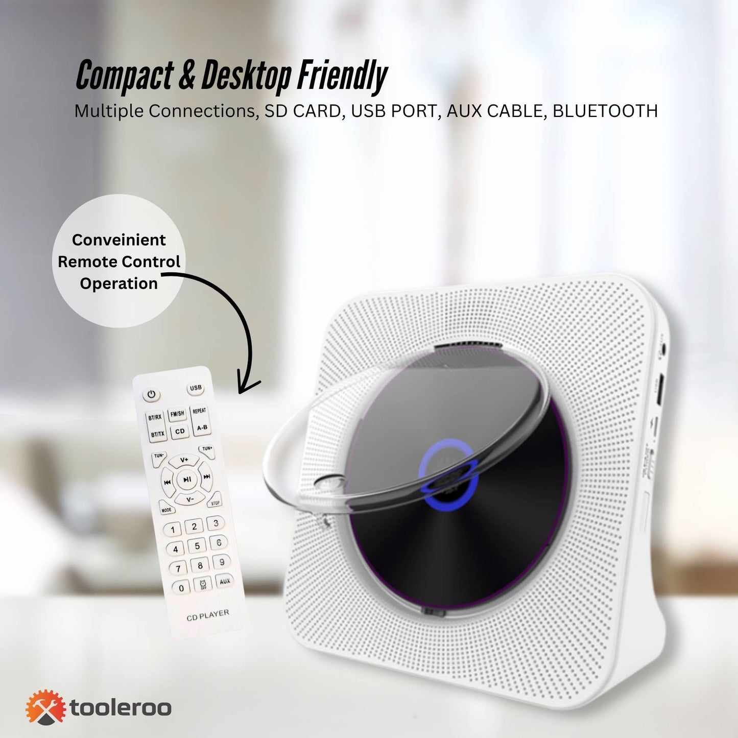 Tooleroo USB Rechargeable Desktop CD Player Speaker Bluetooth Portable White