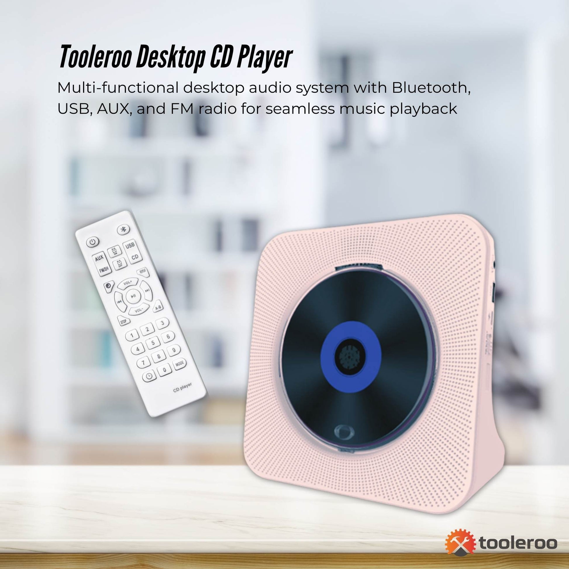 Tooleroo USB Rechargeable Desktop CD Player Speaker â€“ Bluetooth Portable Pink