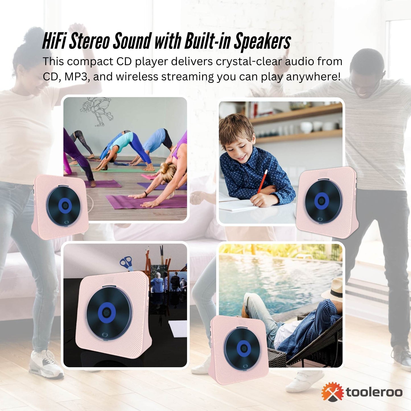 Tooleroo USB Rechargeable Desktop CD Player Speaker â€“ Bluetooth Portable Pink