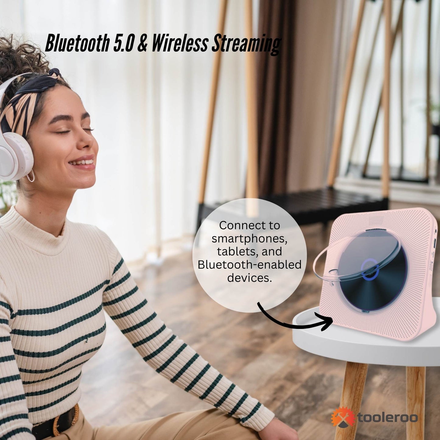 Tooleroo USB Rechargeable Desktop CD Player Speaker â€“ Bluetooth Portable Pink