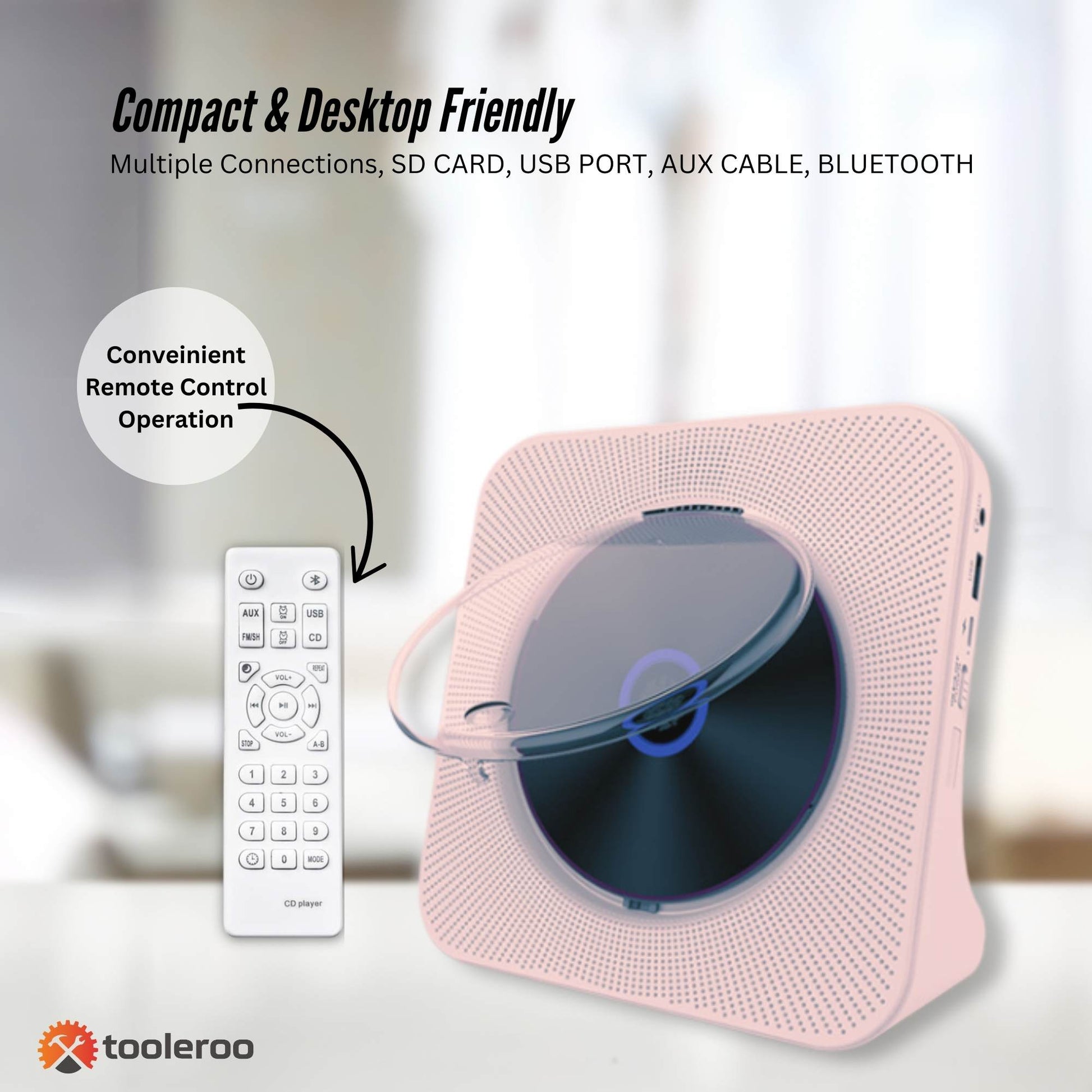 Tooleroo USB Rechargeable Desktop CD Player Speaker â€“ Bluetooth Portable Pink