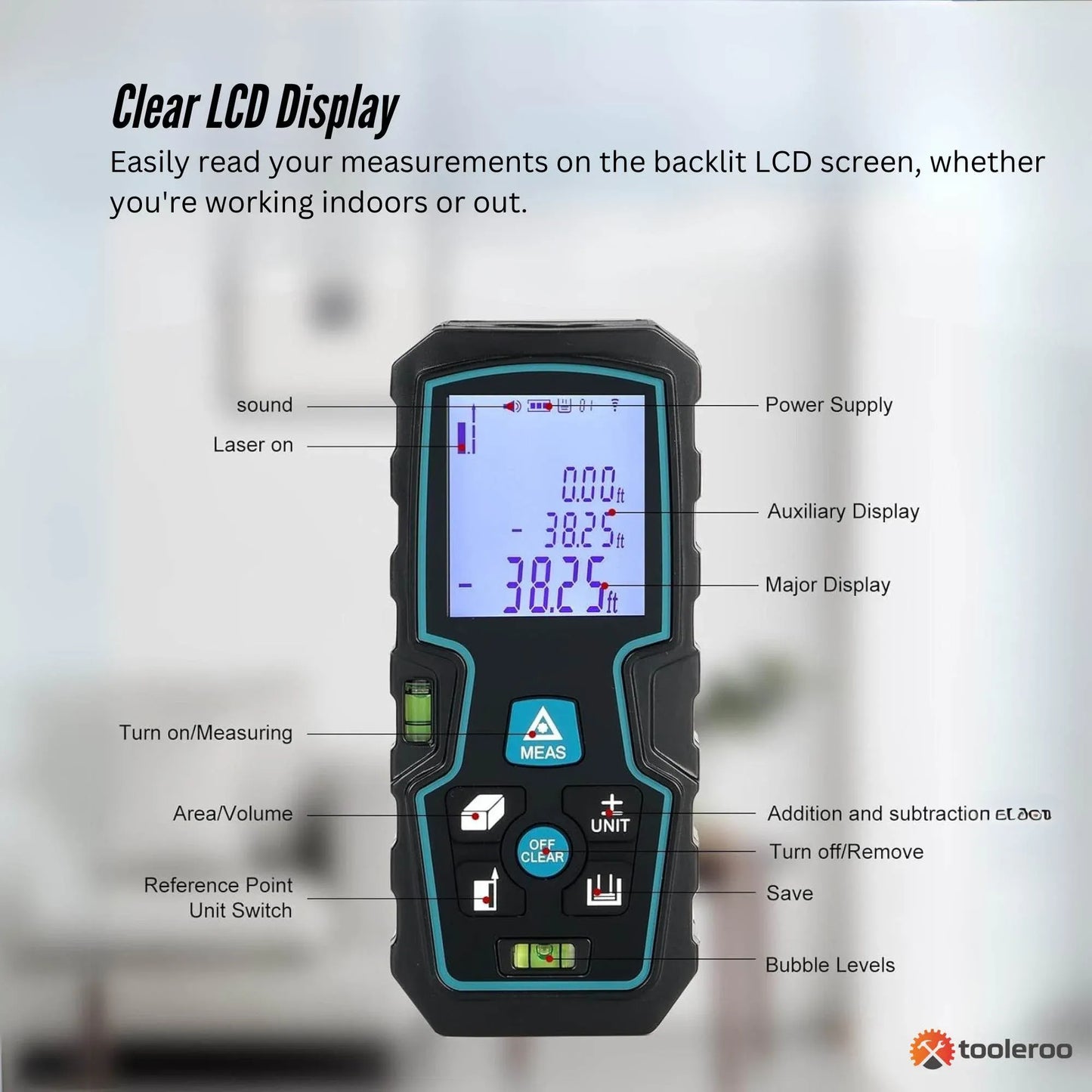 Tooleroo 40m Digital Laser Distance Measurer - LCD Area Volume Meter Tool
