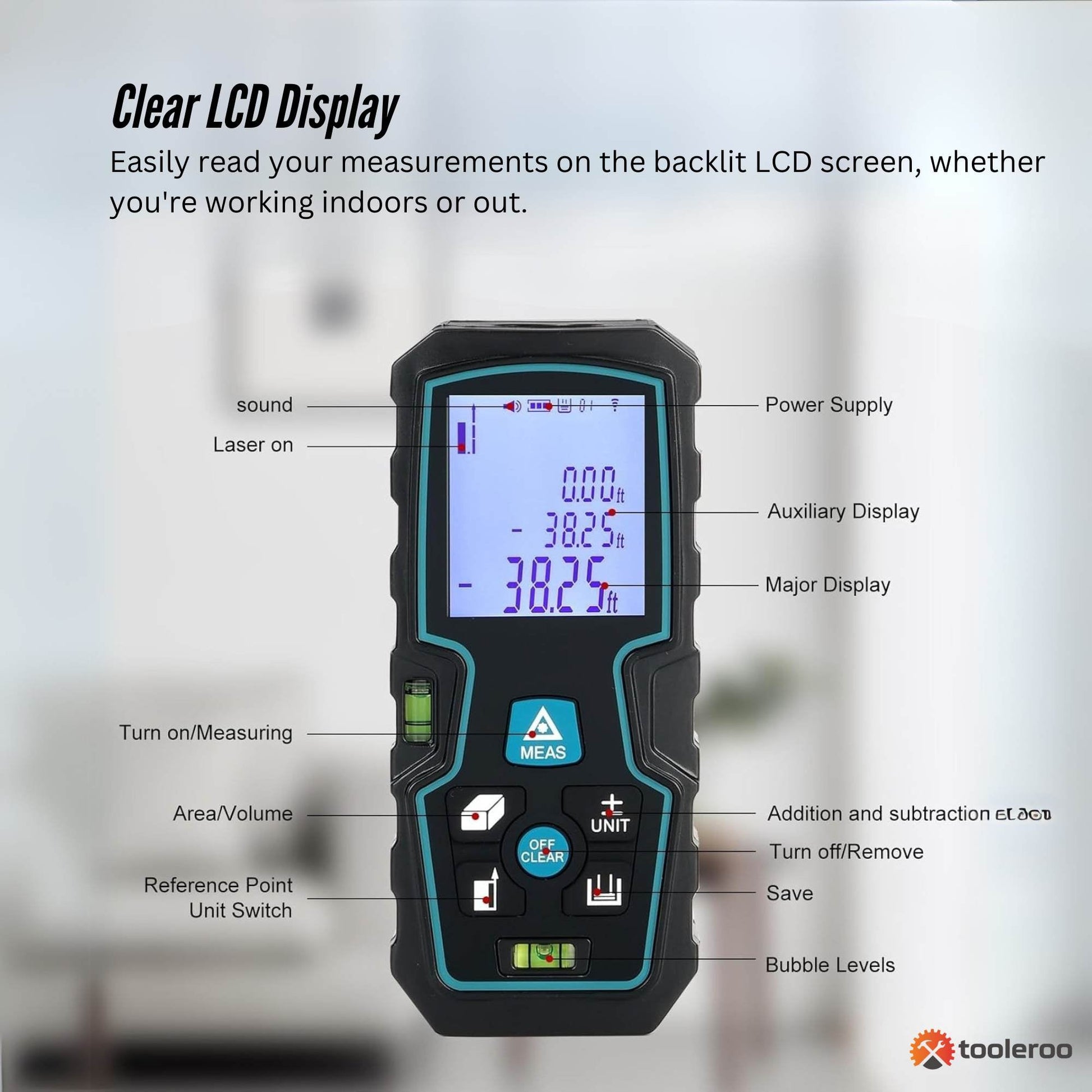 Tooleroo 40m Digital Laser Distance Measurer - LCD Area Volume Meter Tool