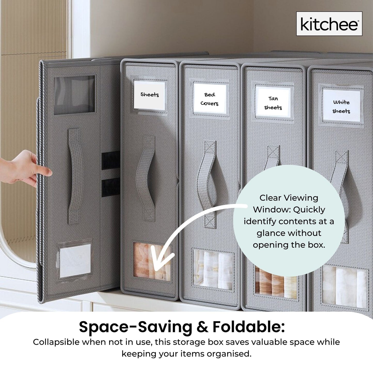 1x Kitchee Foldable Bed Sheet Storage Box Linen & Closet Organiser Grey