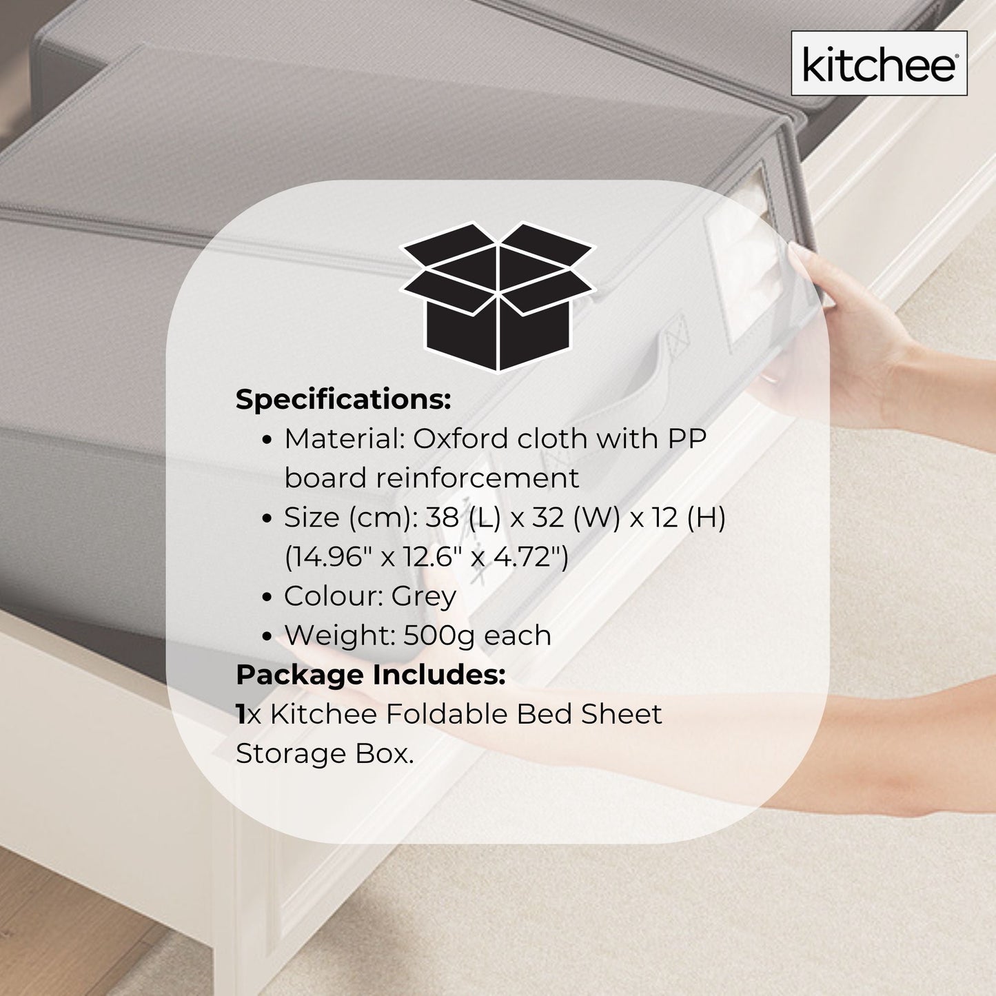 1x Kitchee Foldable Bed Sheet Storage Box Linen & Closet Organiser Grey