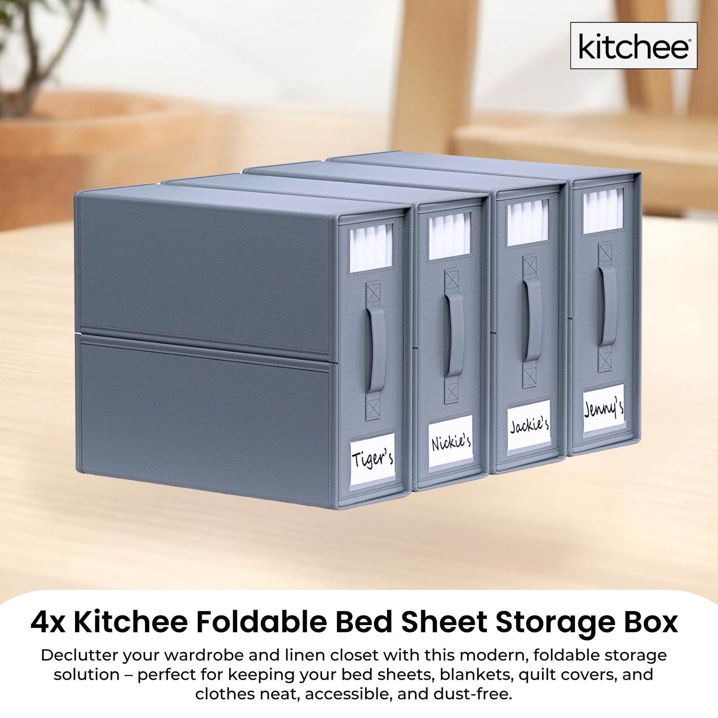 Kitchee 4x Foldable Bed Sheet Storage Box - Linen + Closet Organiser Grey