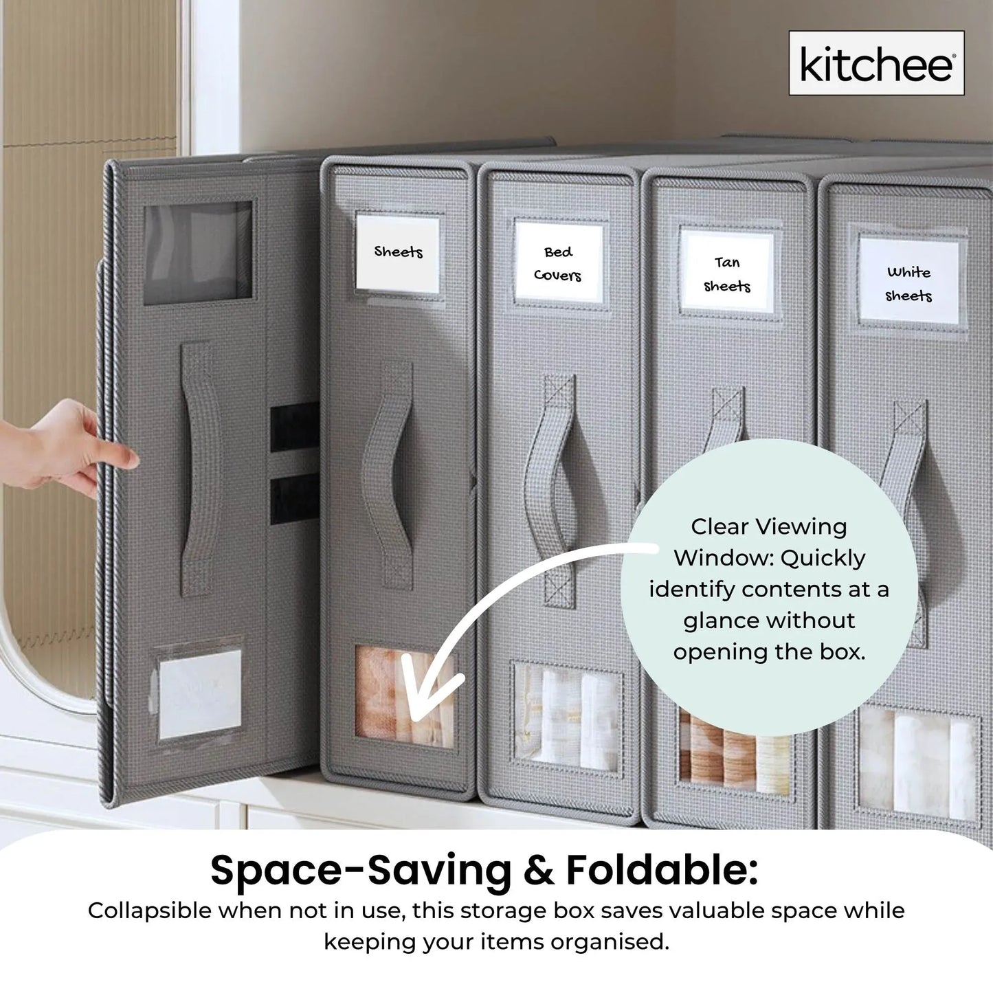 Kitchee 4x Foldable Bed Sheet Storage Box - Linen + Closet Organiser Grey