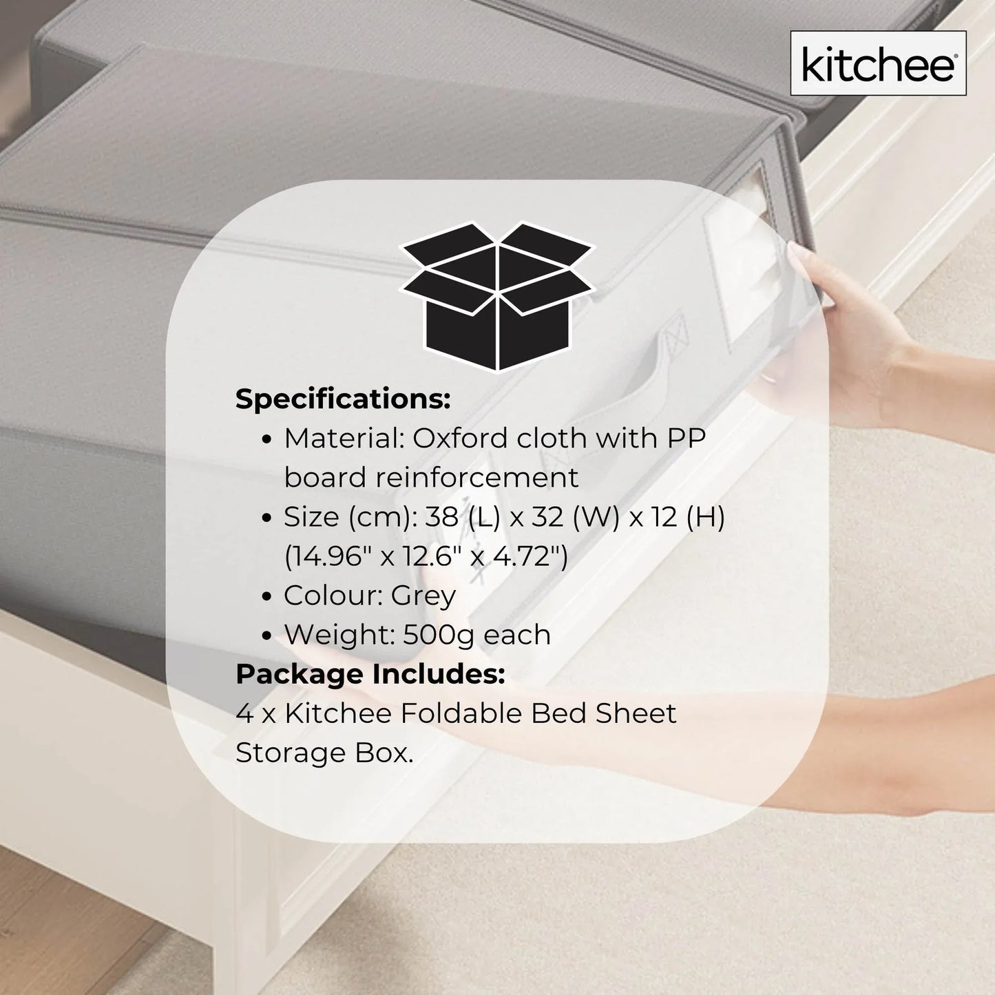 Kitchee 4x Foldable Bed Sheet Storage Box - Linen + Closet Organiser Grey