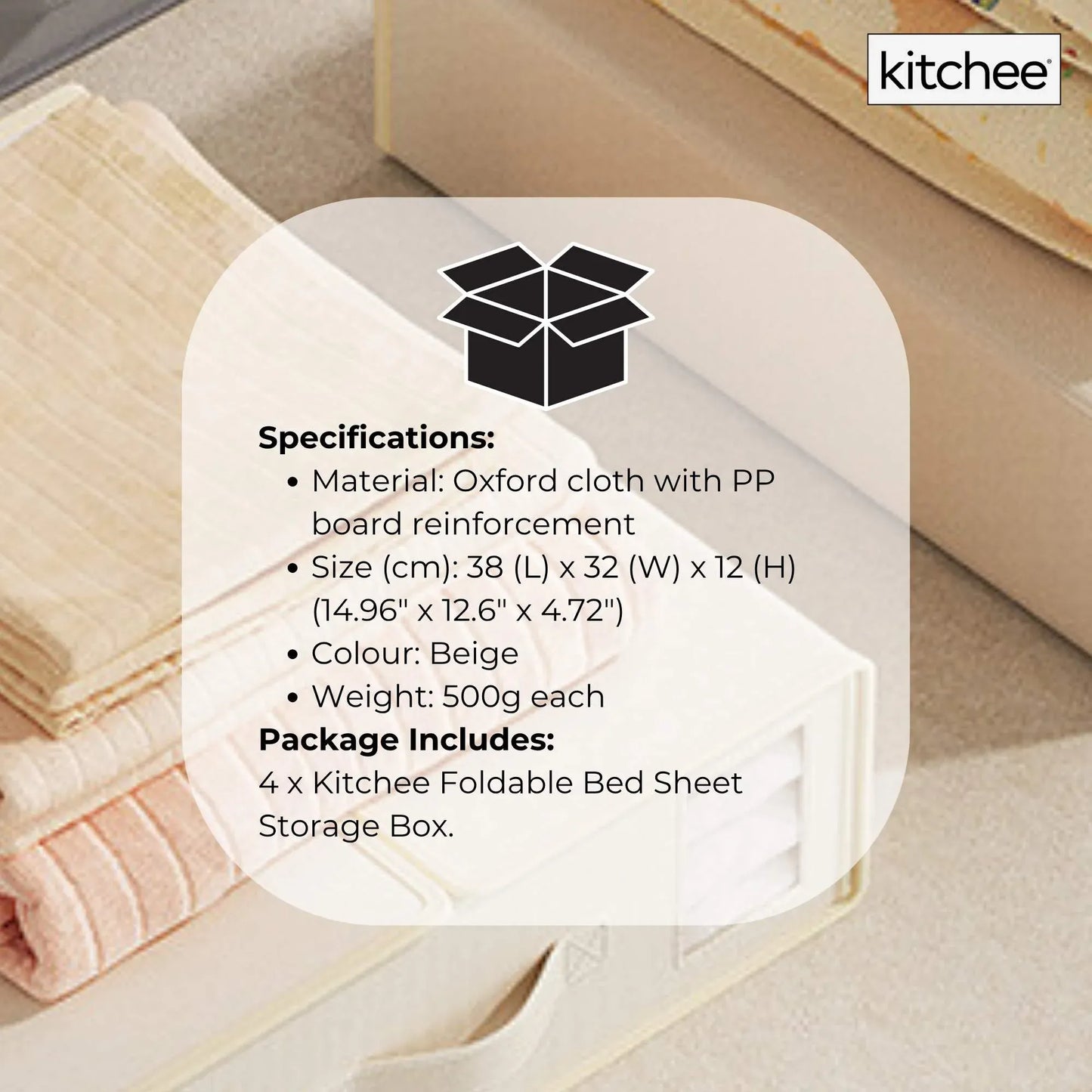 Kitchee 4x Foldable Bed Sheet Storage Box - Linen + Closet Organiser Beige
