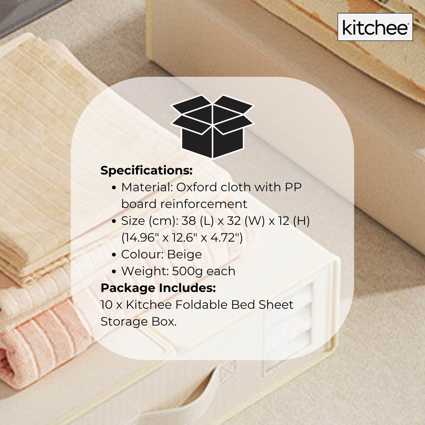 10x Kitchee Foldable Bed Sheet Storage Box - Linen and Closet Organiser Beige